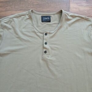 CUTS Shirt Mens XXL 2XL Beige‎ Split-Hem Henley Cotton stretch Blend Casual